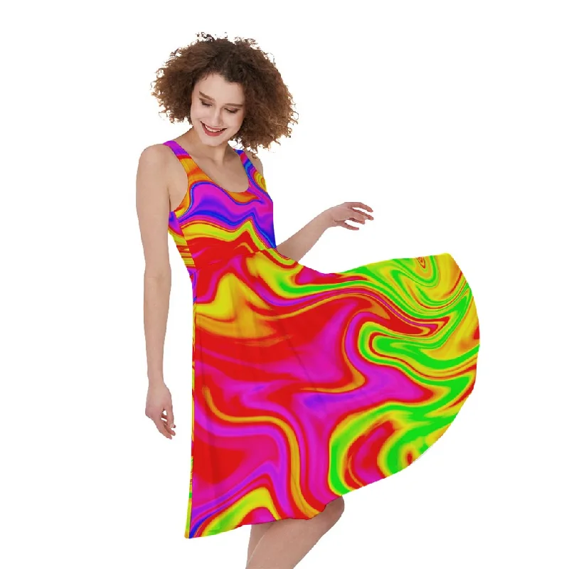 Abstract Colorful Liquid Trippy Print Sleeveless Knee Length Dress Tunics Handmade artisanal