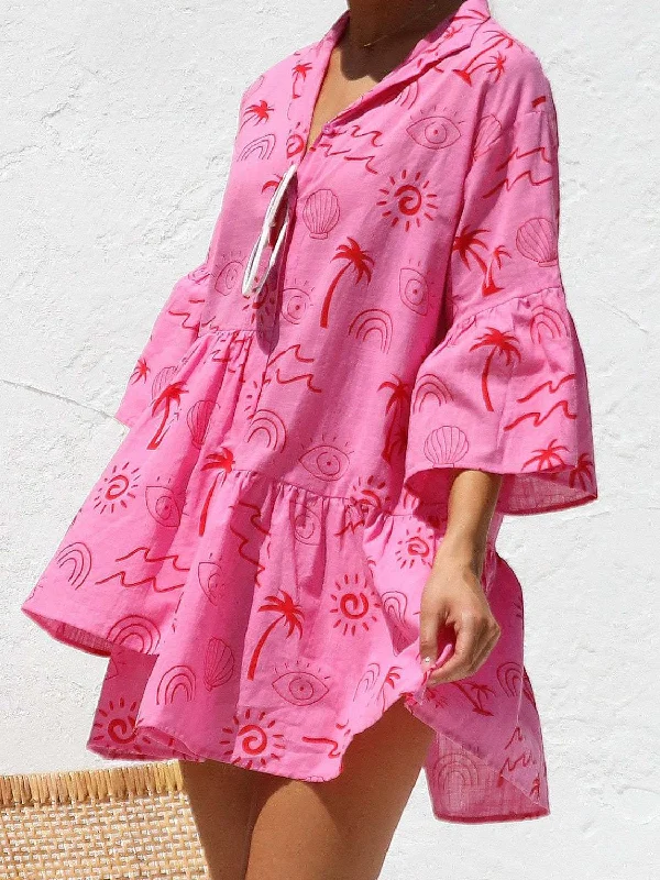 Button Detail Ruffled Hem Printed Mini Dress Cozy Cowl Neck Mini Dress