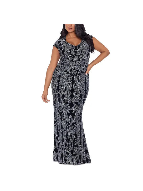 Plus Womens Glitter Cap Sleeve Evening Dress A-Line Day Work