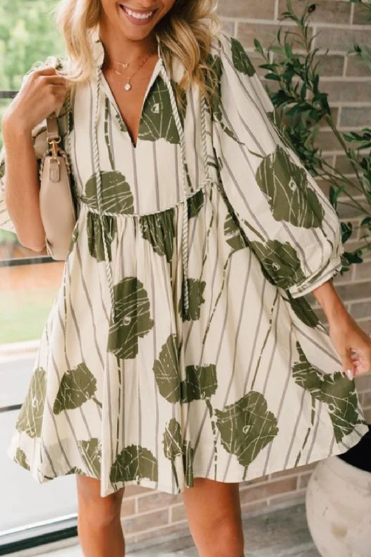 Printed Tie Neck Three-Quarter Sleeve Mini Dress Cozy Wraparound Mini Dress