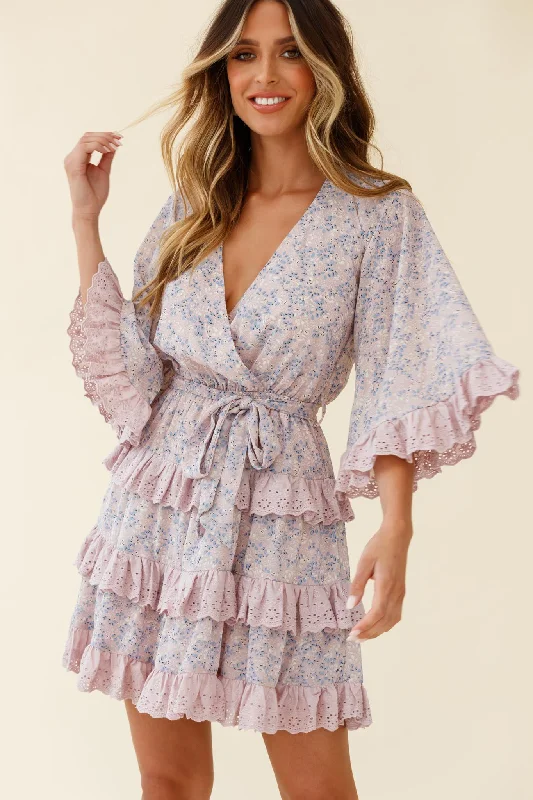 Tulsa 3/4 Sleeve Waist Tie Frill Dress Floral Print Pink Tunic Top Casual