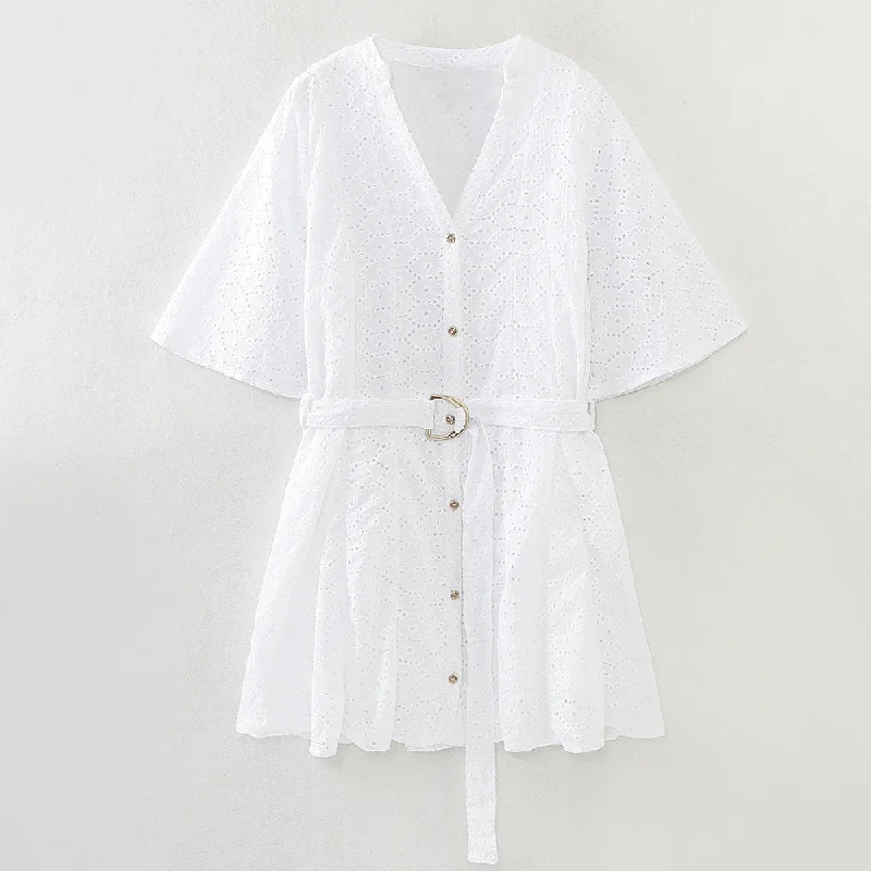 Znbbw New Hollowed-Out Embroidery With Belt Mini Dress 8175960 Stylish Sweetheart Mini Dress