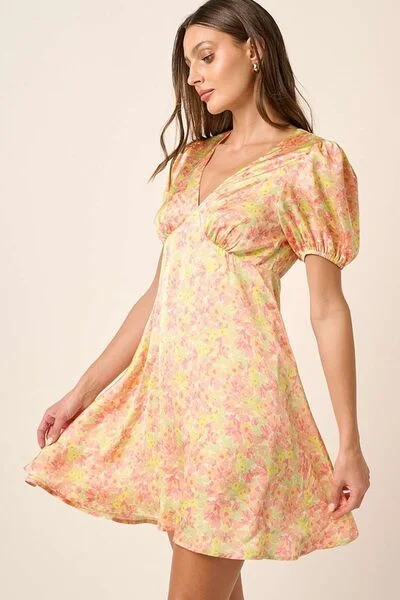 Mittoshop Printed V-Neck Puff Sleeve Mini Dress Chic Pleated Mini Dress