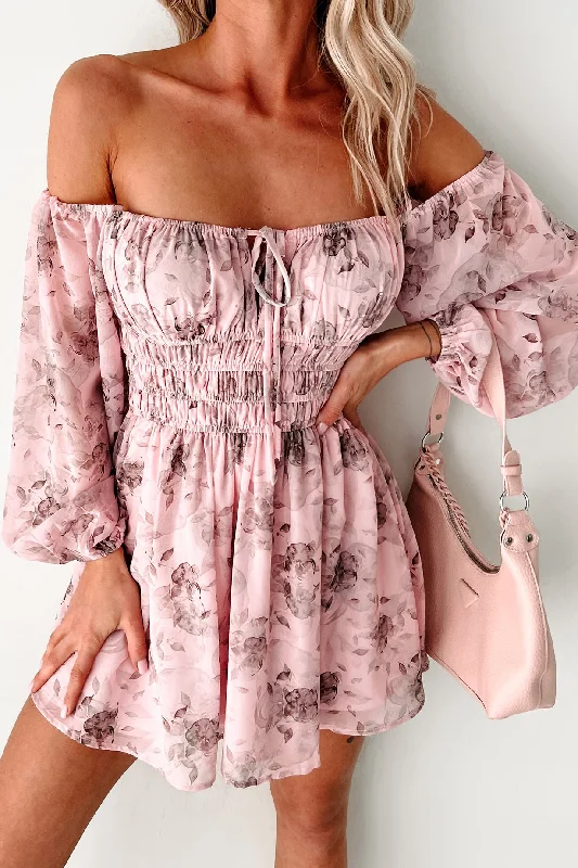 Sweet Sensation Off The Shoulder Floral Mini Dress (Pink) Casual V-Neck Mini Dress