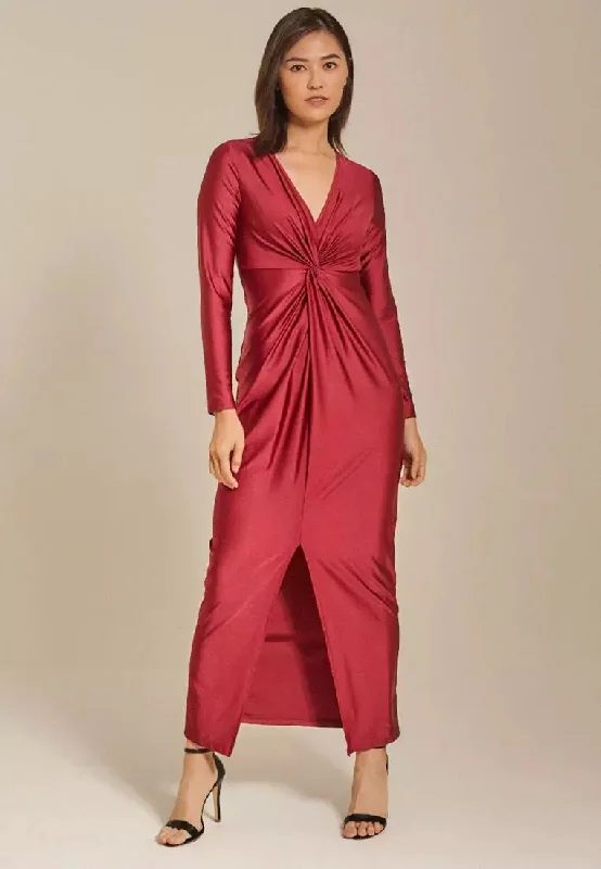 Sexy Long Sleeve V Neck Split Pleated Long Dress B-84946 Tunics Stylish elegant