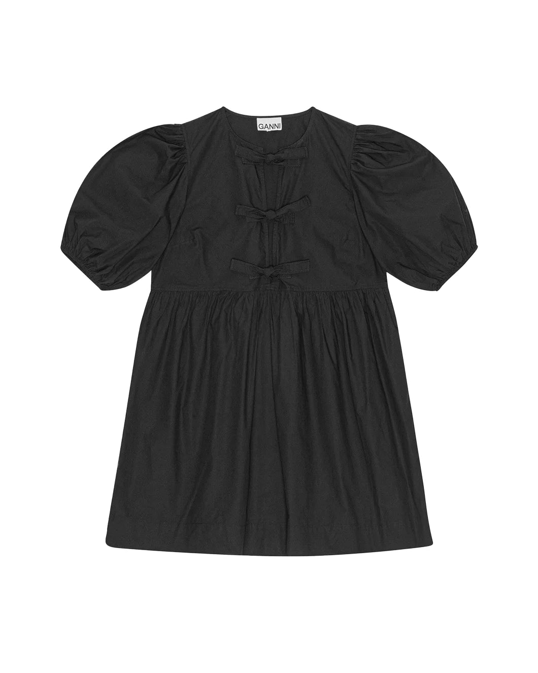 Black Cotton Poplin Tie String Mini Dress Classic Casual Mini Dress