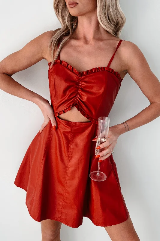 Simmering Looks Faux Leather Mini Dress (Red) Fashionable Lace-Trim Mini Dress
