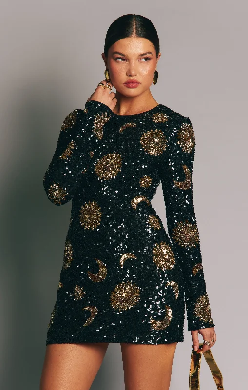 Myth Mini Dress ~ Celestial Sequins Black Chic Pleated Mini Dress