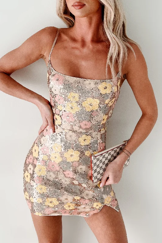 Daisies And Day Dreams Sequin Flower Mini Dress (Champagne) Fashionable Lace Mini Dress