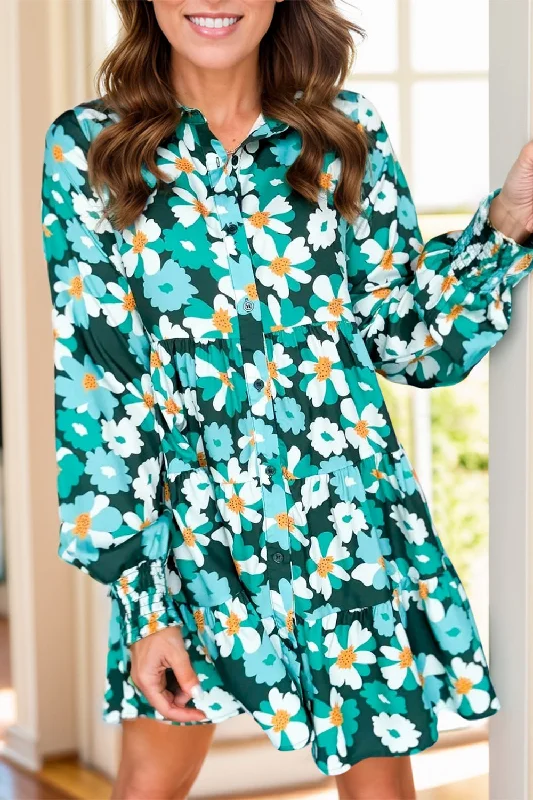 Printed Collared Neck Lantern Sleeve Mini Dress Classic Black Mini Dress