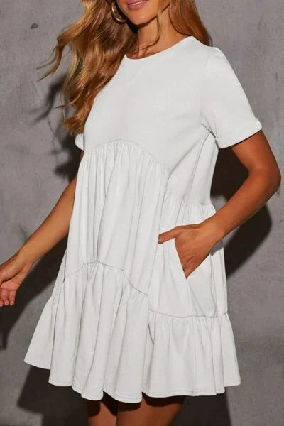 Tiered Round Neck Short Sleeve Mini Dress Comfortable Fit-and-Flare Mini Dress