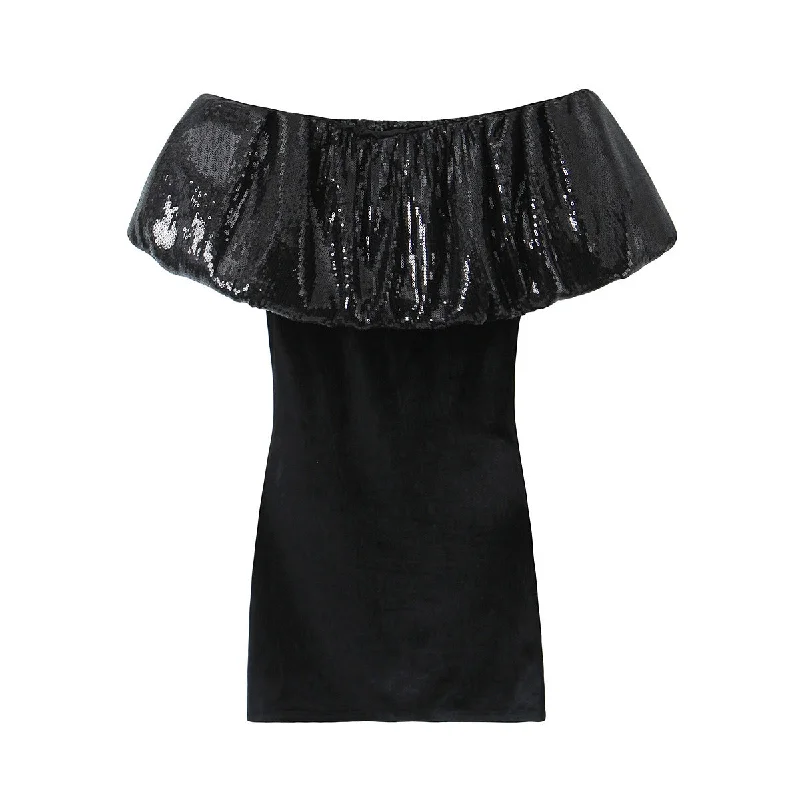 Znbbw Autumn Beads Decorated With Velvet Slim Mini Dress 0387175 Elegant Mini Dress with Ruffles