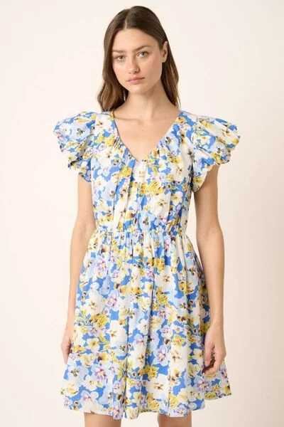Mittoshop Floral V-Neck Cap Sleeve Mini Dress Comfortable Wrap Mini Dress
