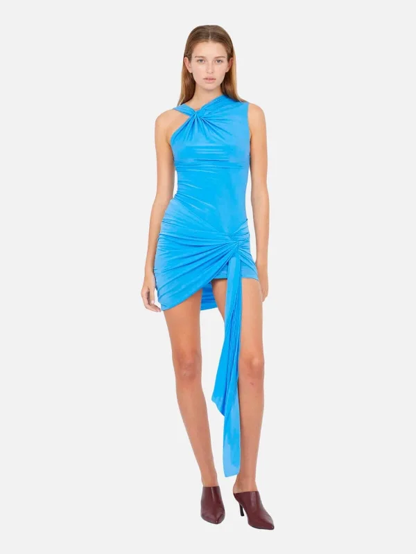 Delany Drape Mini Dress - Azure Comfortable Polka Dot Mini Dress