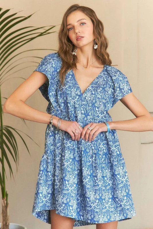 ADORA Printed V-Neck Ruffle Sleeve Mini Dress Cozy Knit Mini Dress