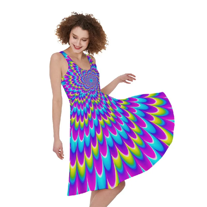 Abstract Dizzy Moving Optical Illusion Sleeveless Knee Length Dress Tunics Summer linen
