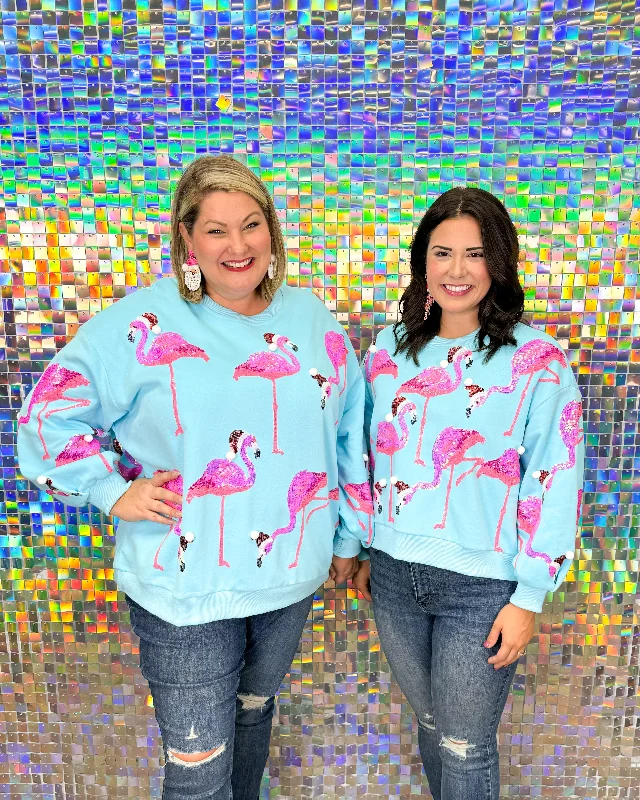 Queen of Sparkles Santa Hat Flamingo Sweatshirt - Aqua Hoodie Crop Top Short Trendy