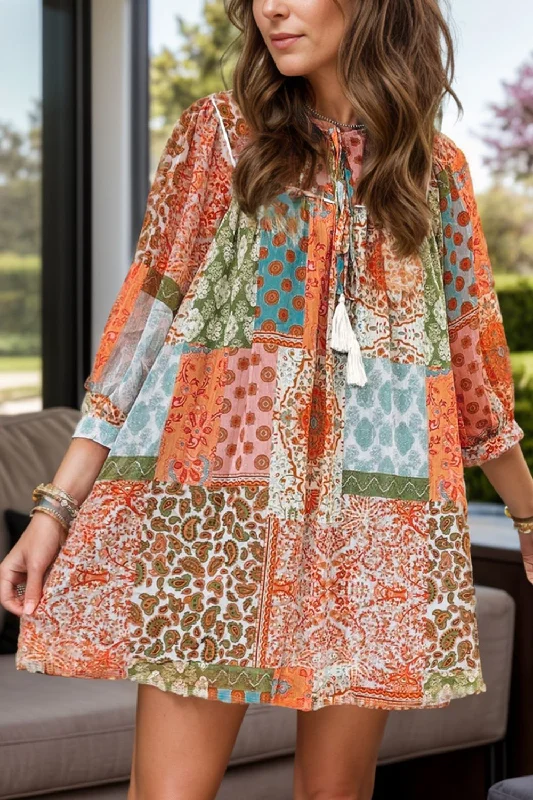 Tassel Printed Three-Quarter Sleeve Mini Dress Stylish Puff Sleeve Mini Dress