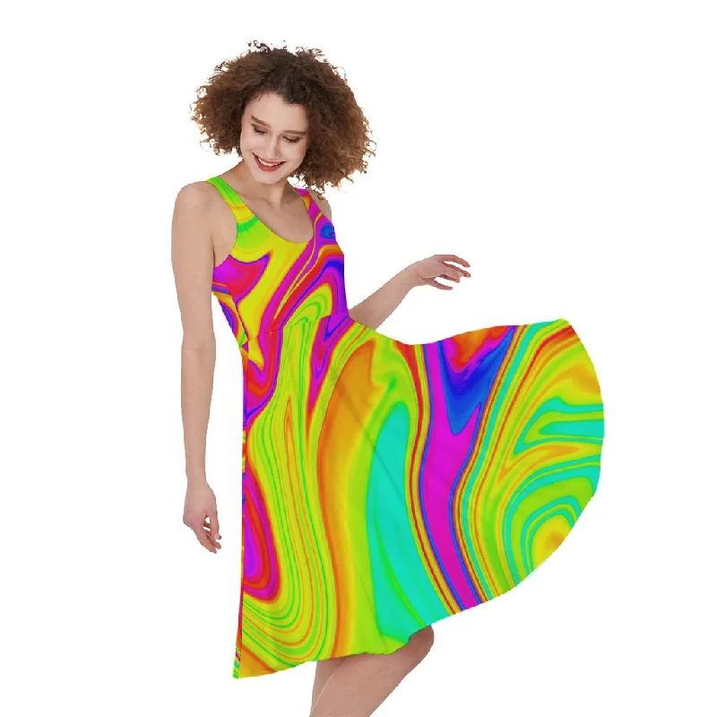 Abstract Liquid Trippy Print Sleeveless Knee Length Dress Tunics Hiking breathable