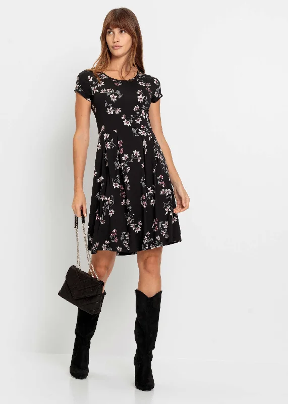 Pleated Mini Dress - Black Floral Elegant Mini Dress with Ruffles