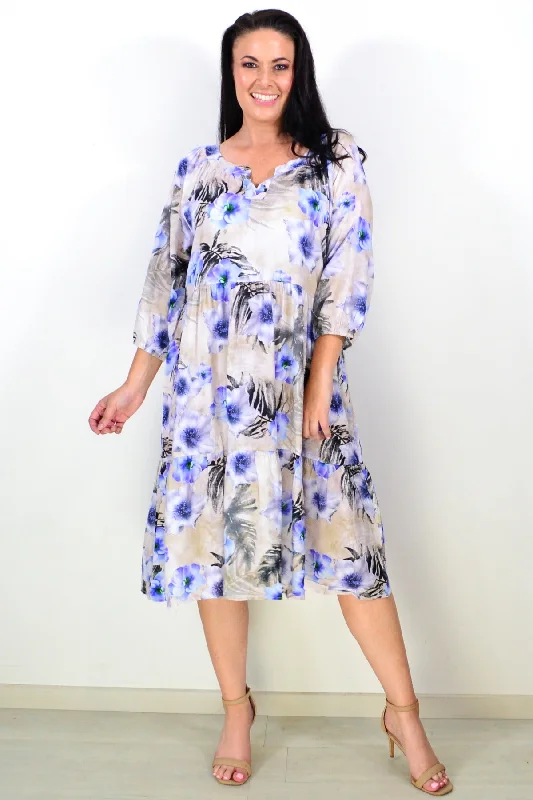 Beige Blue Floral Midi Tunic Dress Casual Short Summer