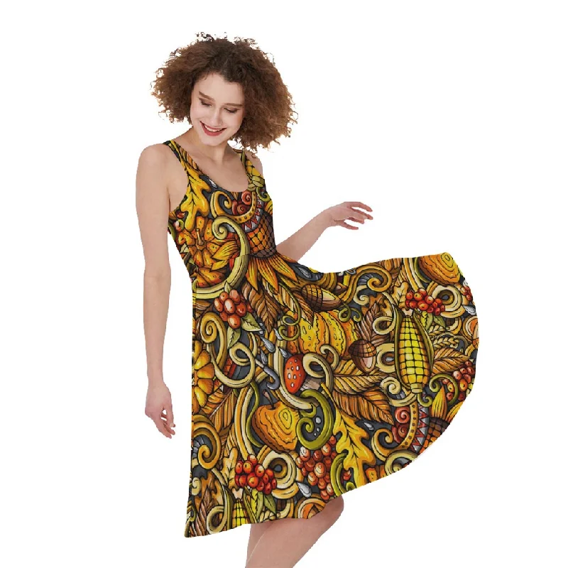 Abstract Sunflower Pattern Print Sleeveless Knee Length Dress Shift Classic Vintage