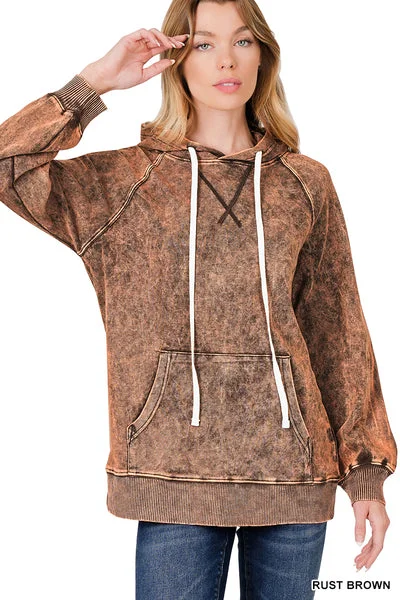 Brown Rust Acid Washed Hoodie Hoodie with Ribbed Neckline Snug Warm