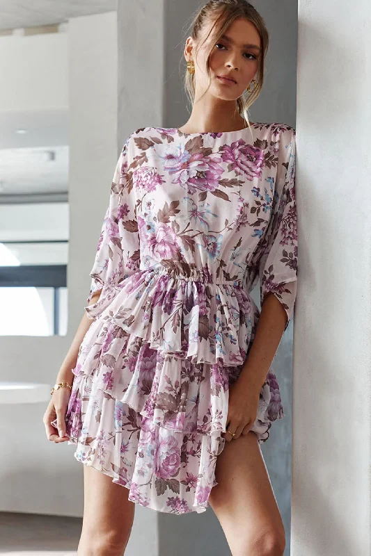 Odessa Long Sleeve Layered Ruffle Dress Rose Print Beige Tunics Chic elegant
