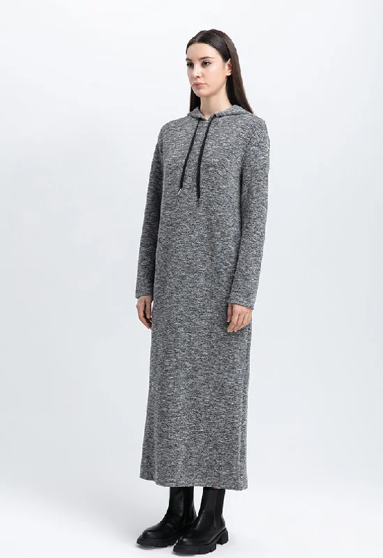 Choice Melange Stretch Ribbed Knit Hoodie Dress Black Hoodie with Metallic Shiny Futuristic