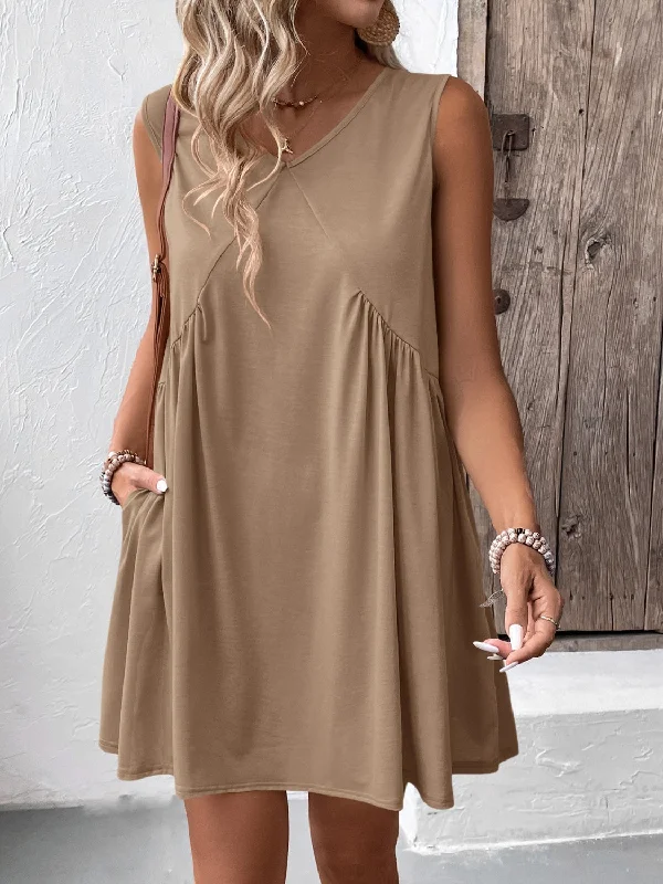 Ruched V-Neck Sleeveless Mini Dress Classic Black Mini Dress