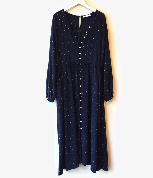 PHEENY/RAYON DOT L/S DRESS (NAVY) Crew Neckline Sporty