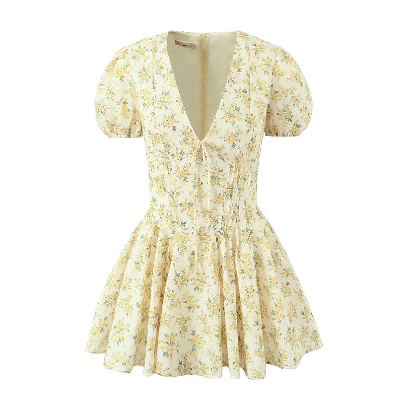 Znbbw New Yellow Flower V-Neck Short-Sleeved Mini Dress Elegant Velvet Mini Dress