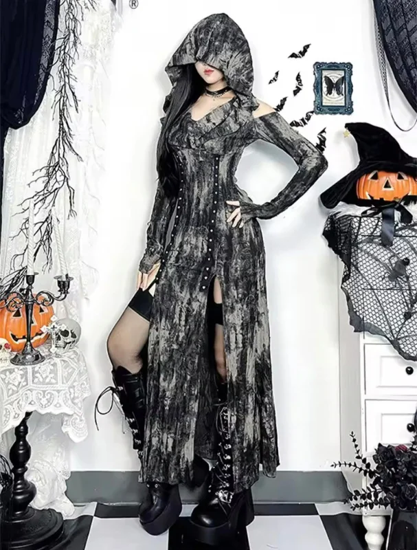Gothic Alt Goth Dystopian Distressed Hoodie Cold Shoulder Long Dress Hoodie with Frayed Bohemian Relaxed