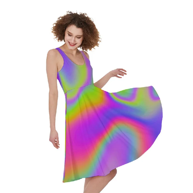 Abstract Holographic Trippy Print Sleeveless Knee Length Dress Tunics Evening elegant