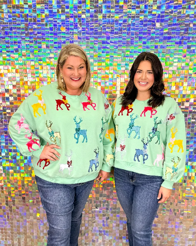 Queen of Sparkles Velvet Reindeers & Bows Sweatshirt - Mint Green Hoodie with Hem Embroidery Detailed Premium