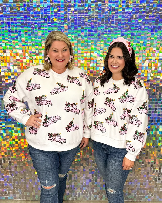 FINAL SALE Queen of Sparkles Christmas Tree Trucks Sweatshirt - White Hoodie with Patch Decorative Personalized