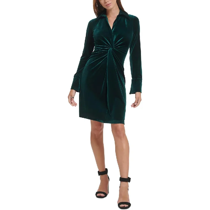 Womens Collar Velvet Sheath Dress Tunics Print Colorful
