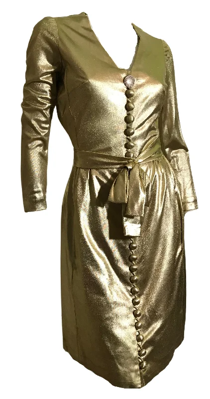 Metallic Gold Treated Nylon Button Front Mini Dress circa 1970s Fashionable Mini Dress with Slits