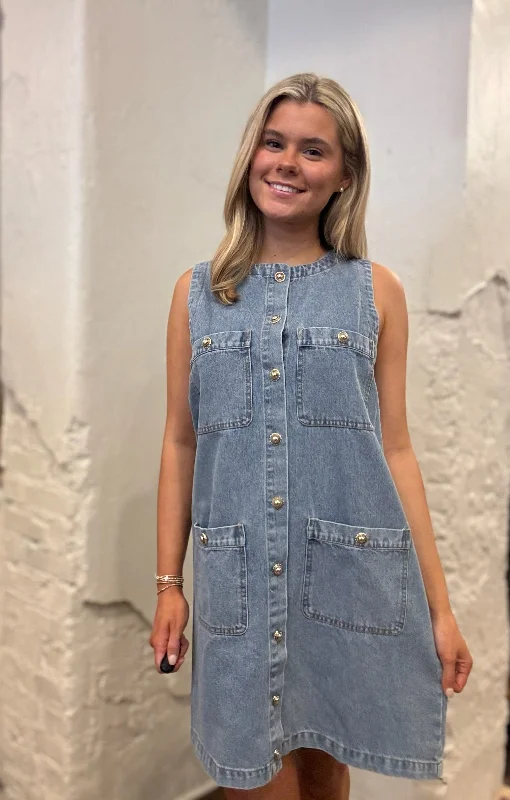 Gold Buttons Denim Mini Dress Elegant Tulle Mini Dress