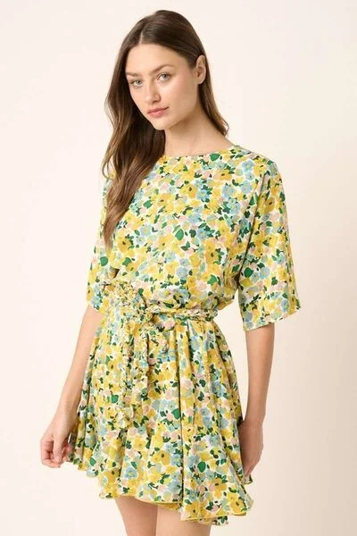 Mittoshop Floral Tie Waist Half Sleeve Mini Dress Trendy Mini Dress with Belt