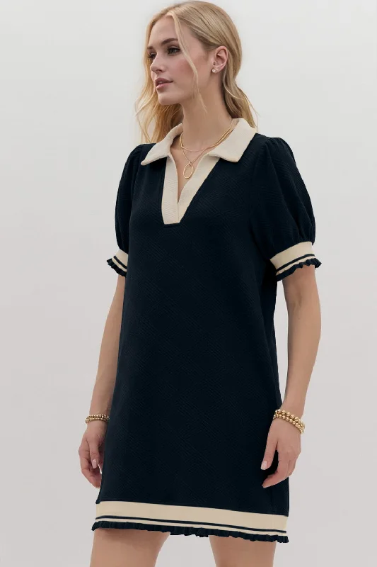 Oh Frill Contrast Trim Johnny Collar Short Sleeve Mini Dress Fashionable Off-Shoulder Mini Dress