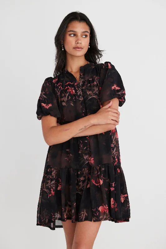 Ravine Black Orchid SS Shirt Style Tiered Mini Dress Comfortable Ruffle Mini Dress
