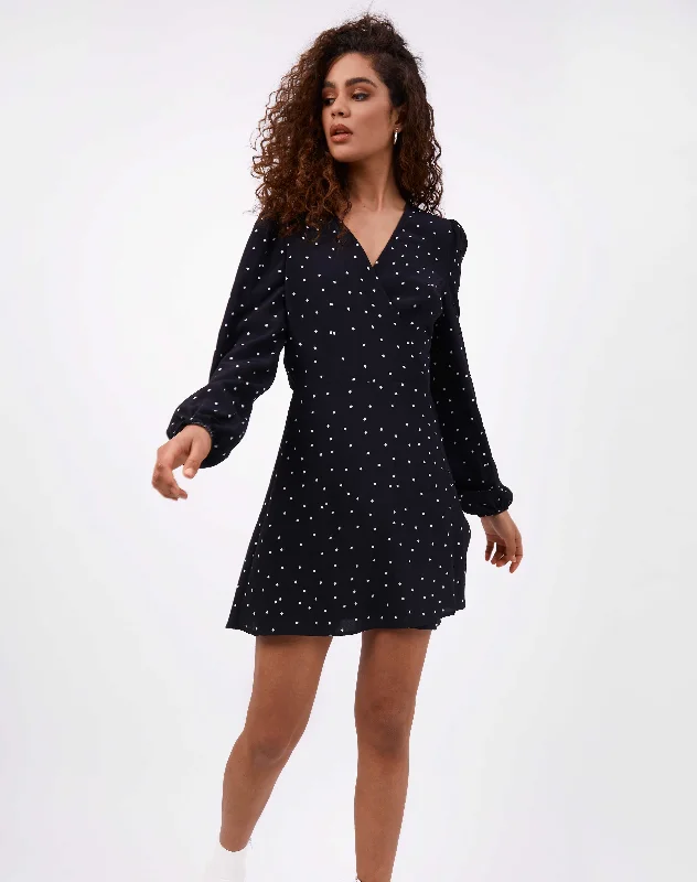 Wrap Mini Dress with Long Sleeves in in Black Polka Dot | Adina Stylish Ribbed Mini Dress