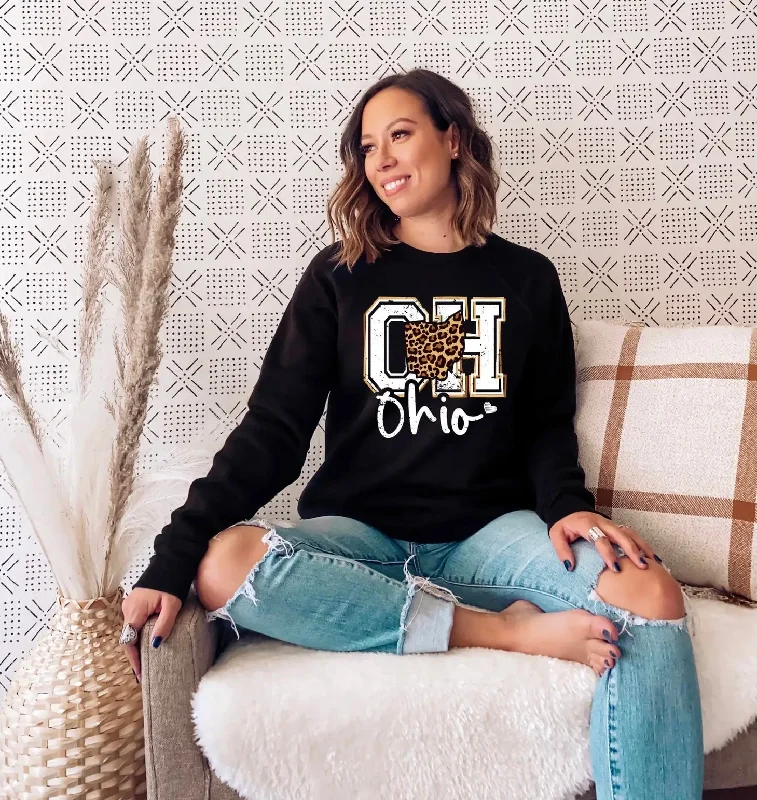 Ohio Leopard Sweatshirt Hoodie with Raglan Sleeves Sporty Comfortable