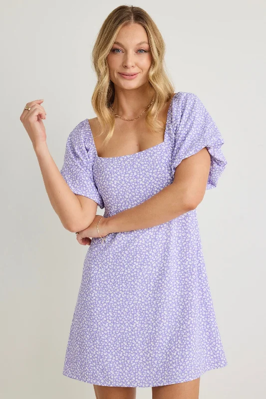 Mayhem Lilac Ditsy Floral Square Neck Puff Sleeve Mini Dress Classic Floral Mini Dress