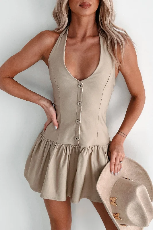 Sweet Wishes Halter Mini Dress (Taupe) Cozy Ruched Mini Dress