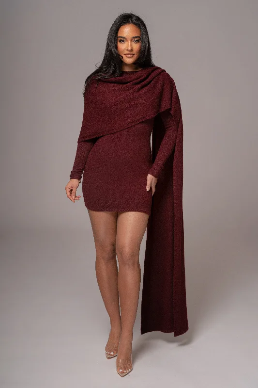 Burgundy Scarf Draped Mini Dress Classic Solid Mini Dress