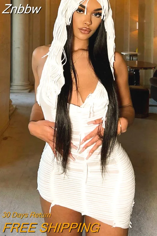 Znbbw Solid Sleeveless Hooded Tassel Mini Dress Women Summer Casual Irregular Slim Party Club Nigth Streetwear y2k Dresses Casual Button-Up Mini Dress