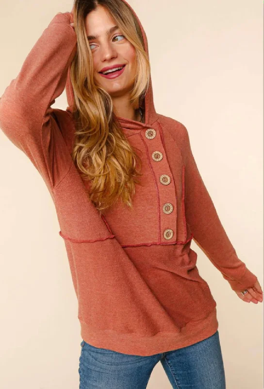 Rust Button Detail Hoodie Hoodie with Batwing Sleeves Loose Dramatic
