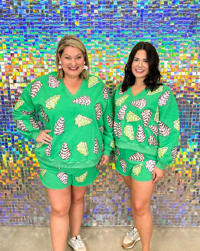 FINAL SALE Queen of Sparkles Little Debbie Trees V-Neck Sweatshirt & Shorts Set - Green Cotton Hoodie Fleece Lining Warmth